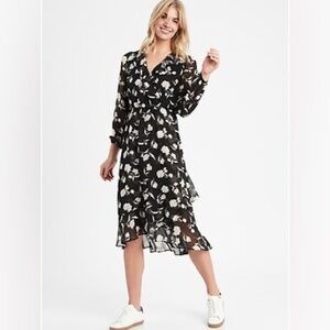 Banana Republic Floral Faux Wrap Midi Dress Black White XL NWT